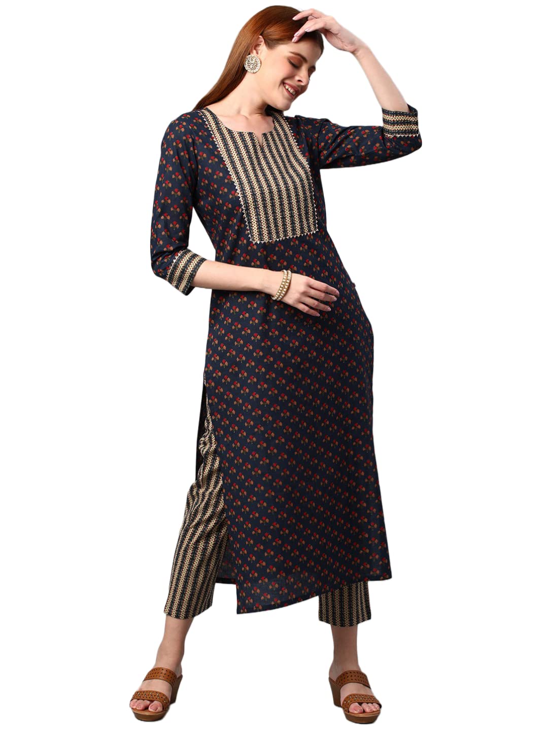 ANNI DESIGNER Women's Cotton Blend Printed Straight Kurta with Pant (Satku Blue_XXL_Blue_XX-Large)