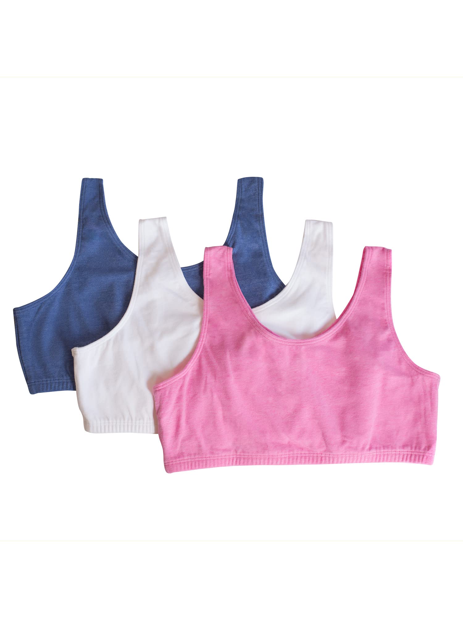 Fruit of the Loom Girls' Cotton Built-up Sport Bra, Pink Heather/White/Denim Heather, 38