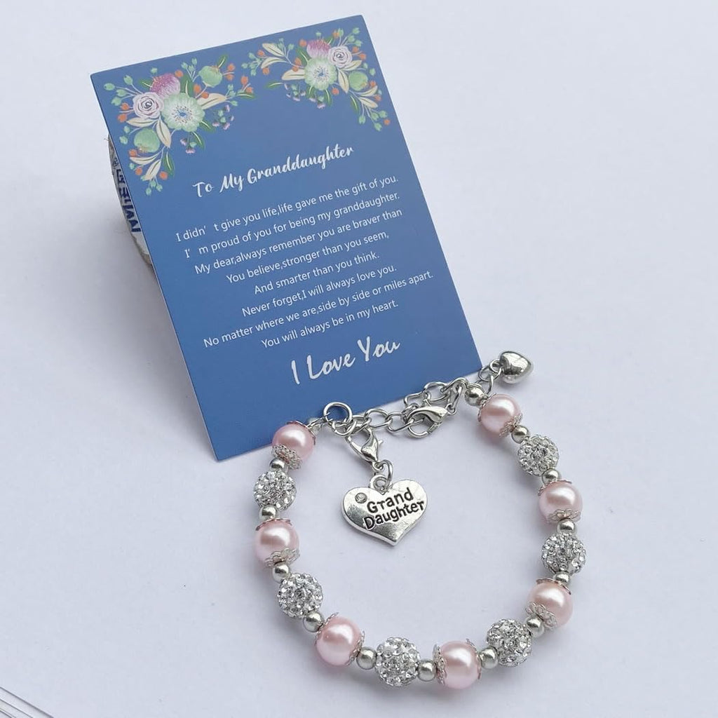 DOLON Pink Faux Pearls Beaded Heart Charm Granddaugther Bracelet Jewelry with Rhinestone Balls Faux Pearl Birthday Christmas Hol