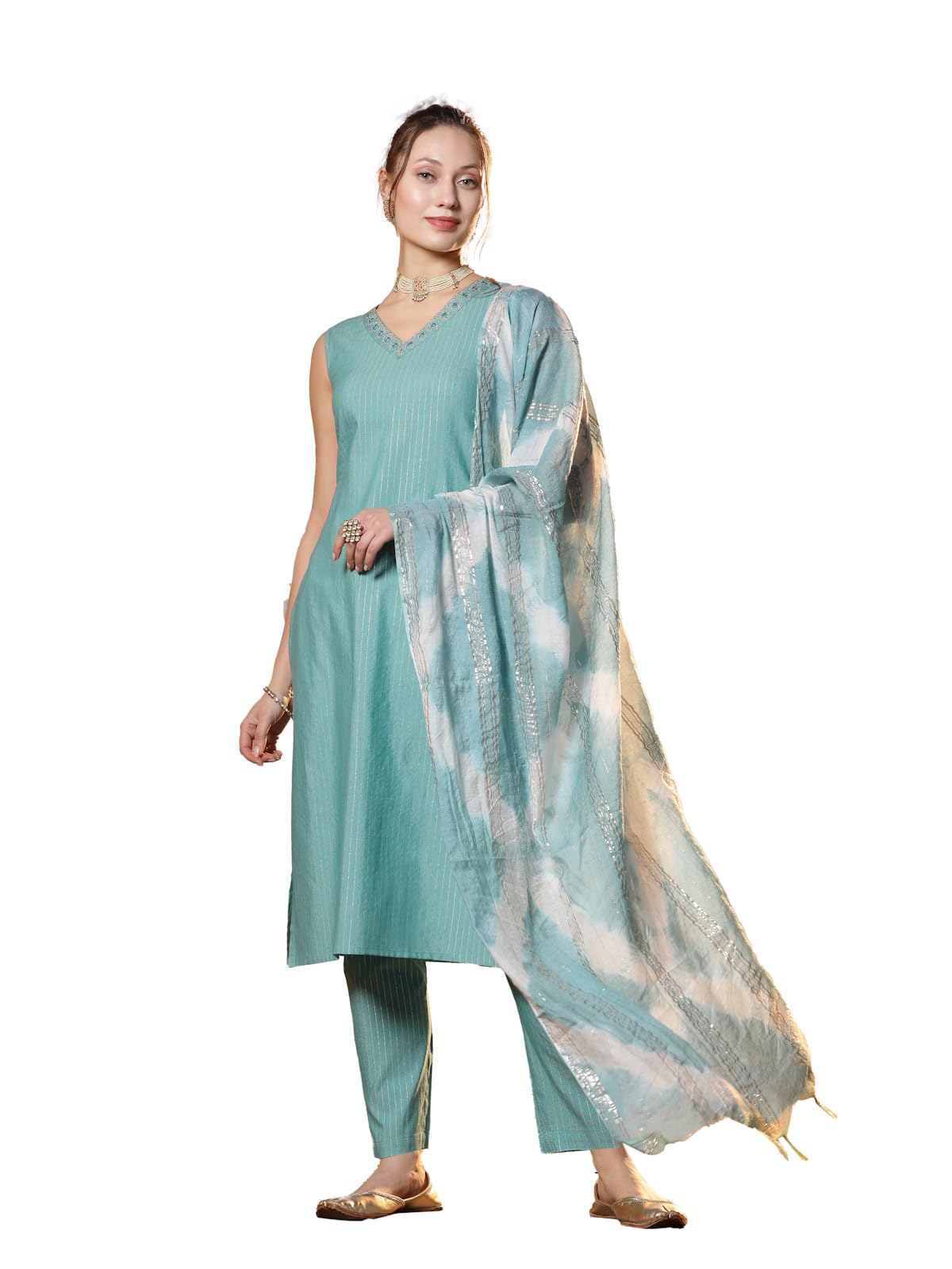 Stylum Womens Woven Designed Cotton Blend Straight Kurta Pant with Dupatta (IN, Alpha, XS, Regular, Light Green)