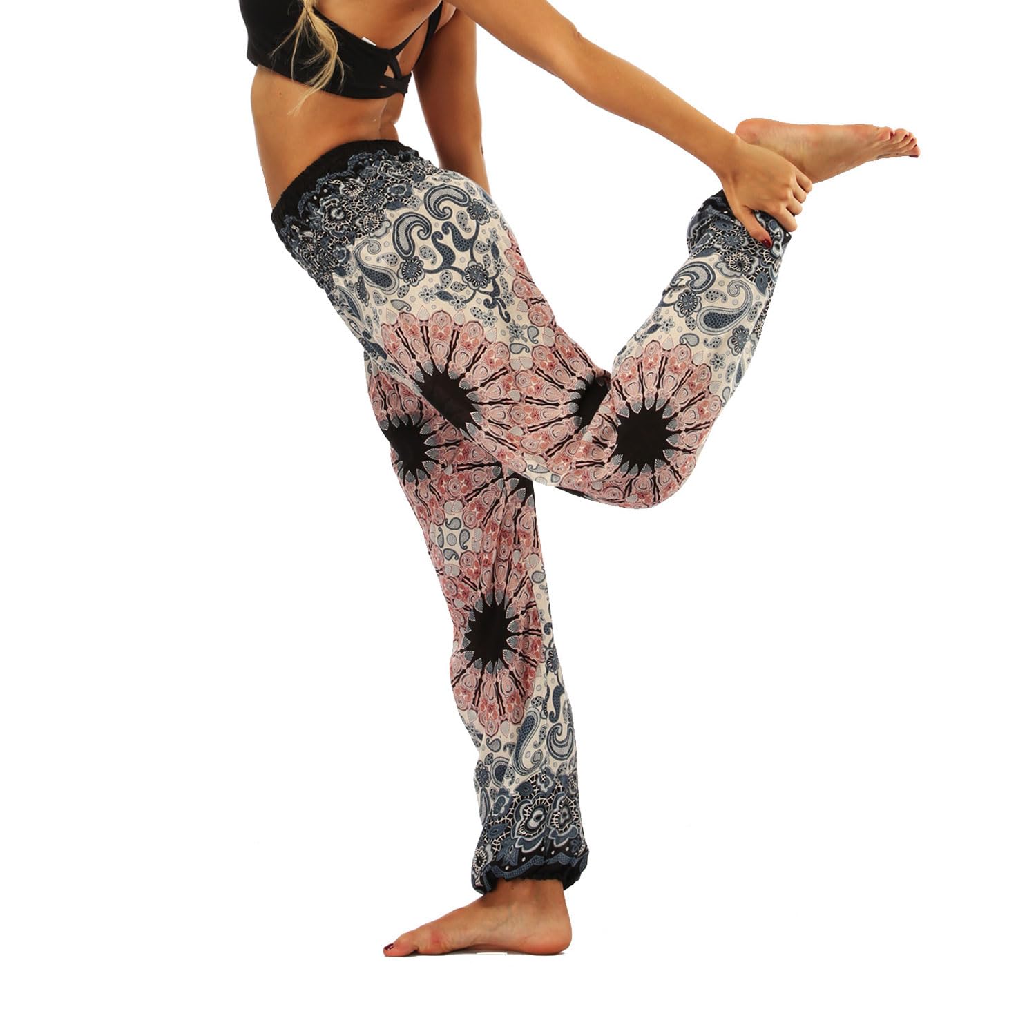 Lu's Chic Women's Boho Pants Harem Smocked Waist Yoga Hippie Palazzo Summer Beach Pants Pattern10 One Size