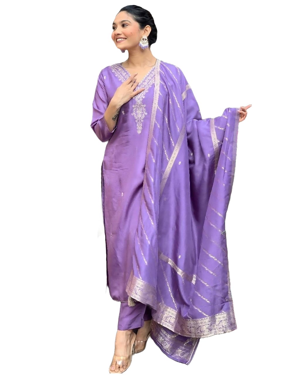 ANNI DESIGNER Womens Rayon Viscose Embroidered Straight Kurta with Pant & Dupatta (PARITOSH Purple_M_Purple_Medium)