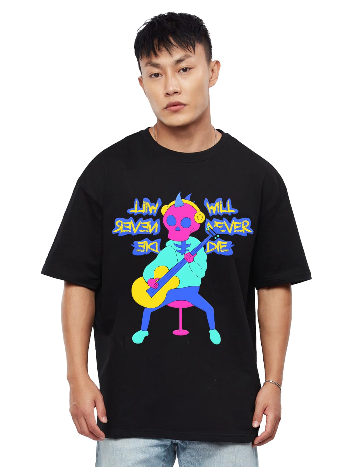 Veirdo Men's Oversized Loose Baggy Fit Drop Shooulder Short Sleeve Cotton Will Never Die Graphic Printed T-Shirt B