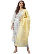 Gosriki Women'S Cotton Blend Straight Printed Kurta With Pant & Dupatta (Mulhar Yellow Sty_Xl-Go_Yellow_X-Large)