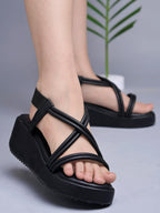 Shoetopia WomenS & Girls Black Wedges Sandal  Solid Criss-Cross Strap Design  Stylish, Comfortable, Durable Heels  Perfect For C