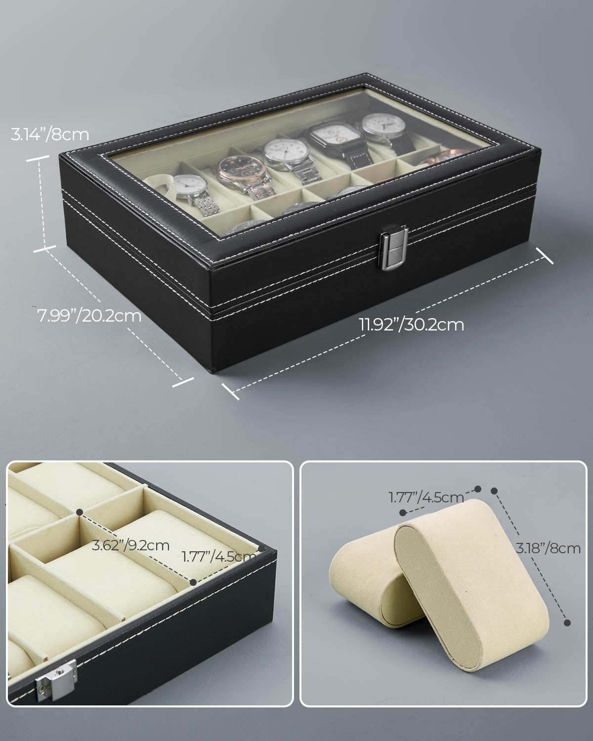 Ohuhu Watch Cases for Men, Watch Box Watch Holder Watch Organizer Display Storage 12 Slot PU Leather Real Glass Lid Soft Velvet