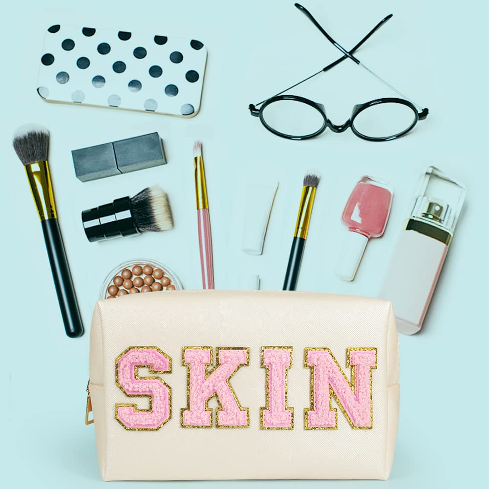 JOINDO Skin Makeup Bag, Skin Care Cosmetic Toiletry Bag, Preppy Makeup bag,Portable Makeup Zipper Pouch Storage Purse, PU Leathe