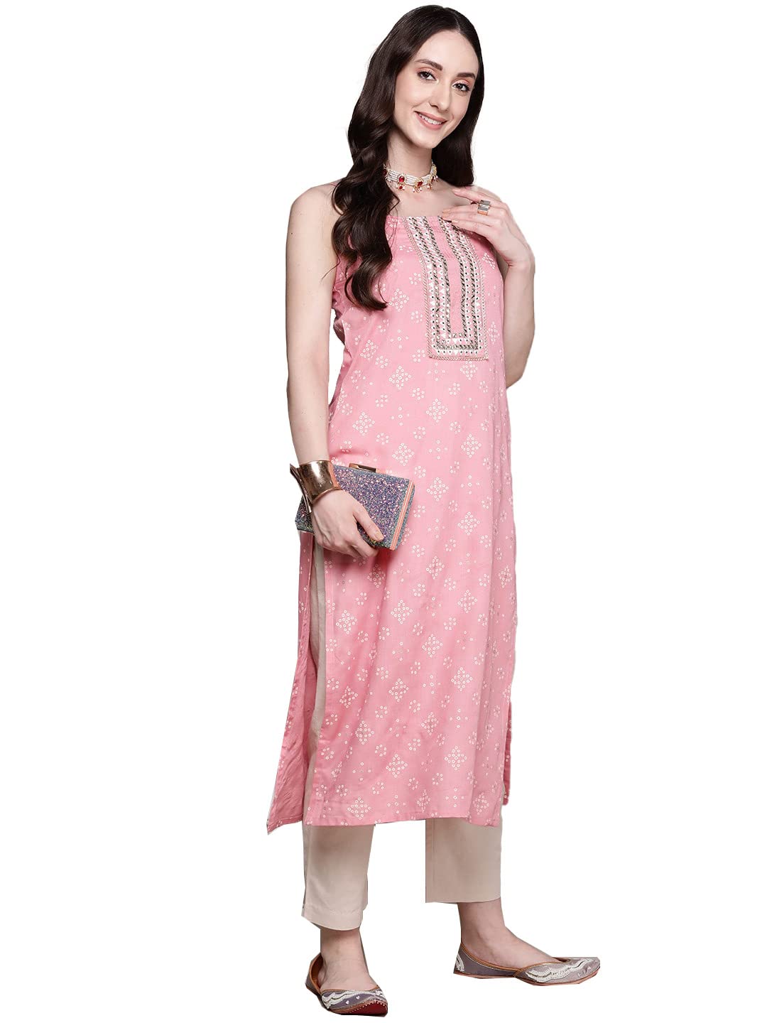 Ishin Women'S Viscose Rayon Embellished Pink Mirror Work Straight Kurta