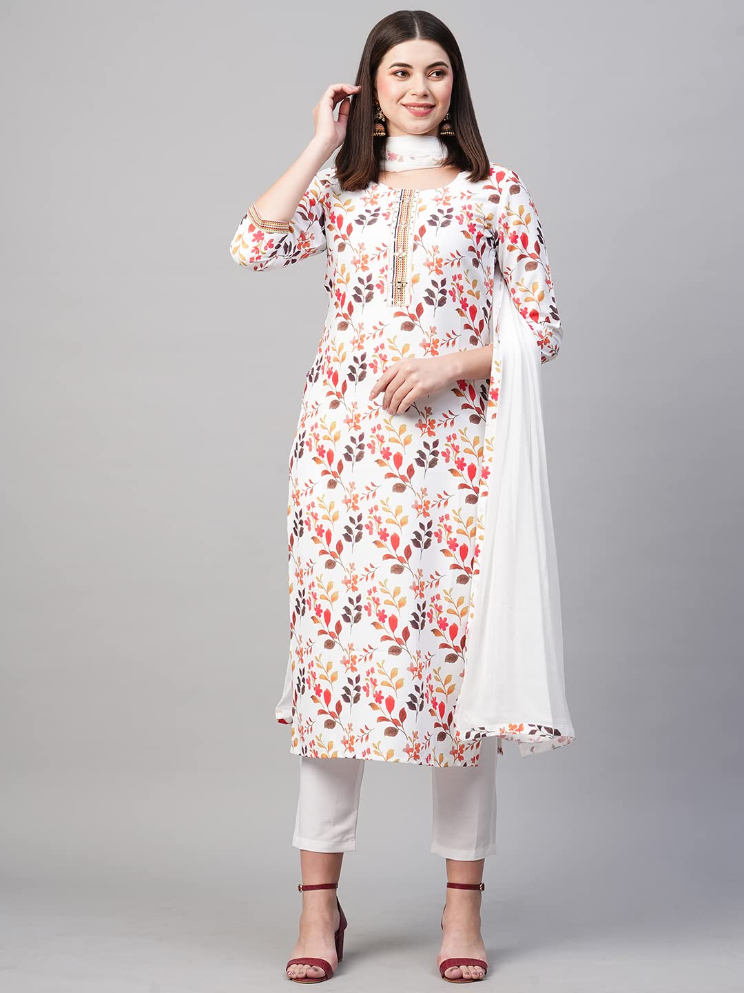 ANNI DESIGNER Womens Cotton Blend Printed Kurta and Pant with Dupatta Set (KALEPING-White_XXL_White_XX-Large)