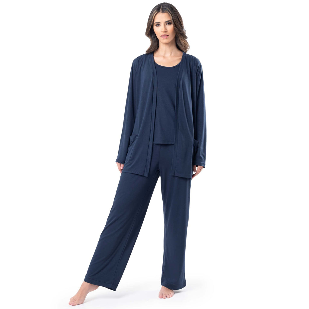 Fruit of the Loom Women's Breathable Tank Top, Pant, and Cardigan Sleep Set, Midnight Blue, Medium