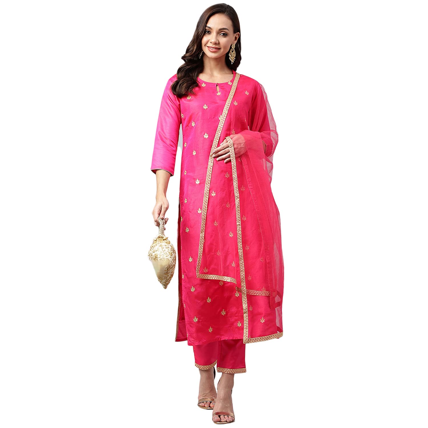 ANNI DESIGNER Womens Cotton Blend Straight Embroidered Kurta with Pant & Dupatta (Dipika Rani_S_Pink_Small)