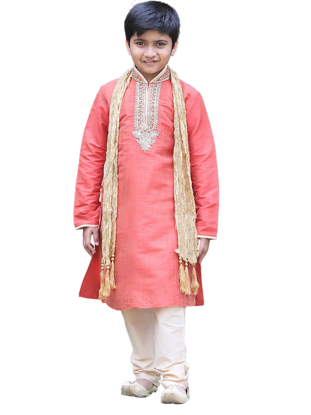 Manyavar Blended Silk Full Sleeve Zari And Stone Kurta Pajama Set For Kids And Boys(6-8 Years)