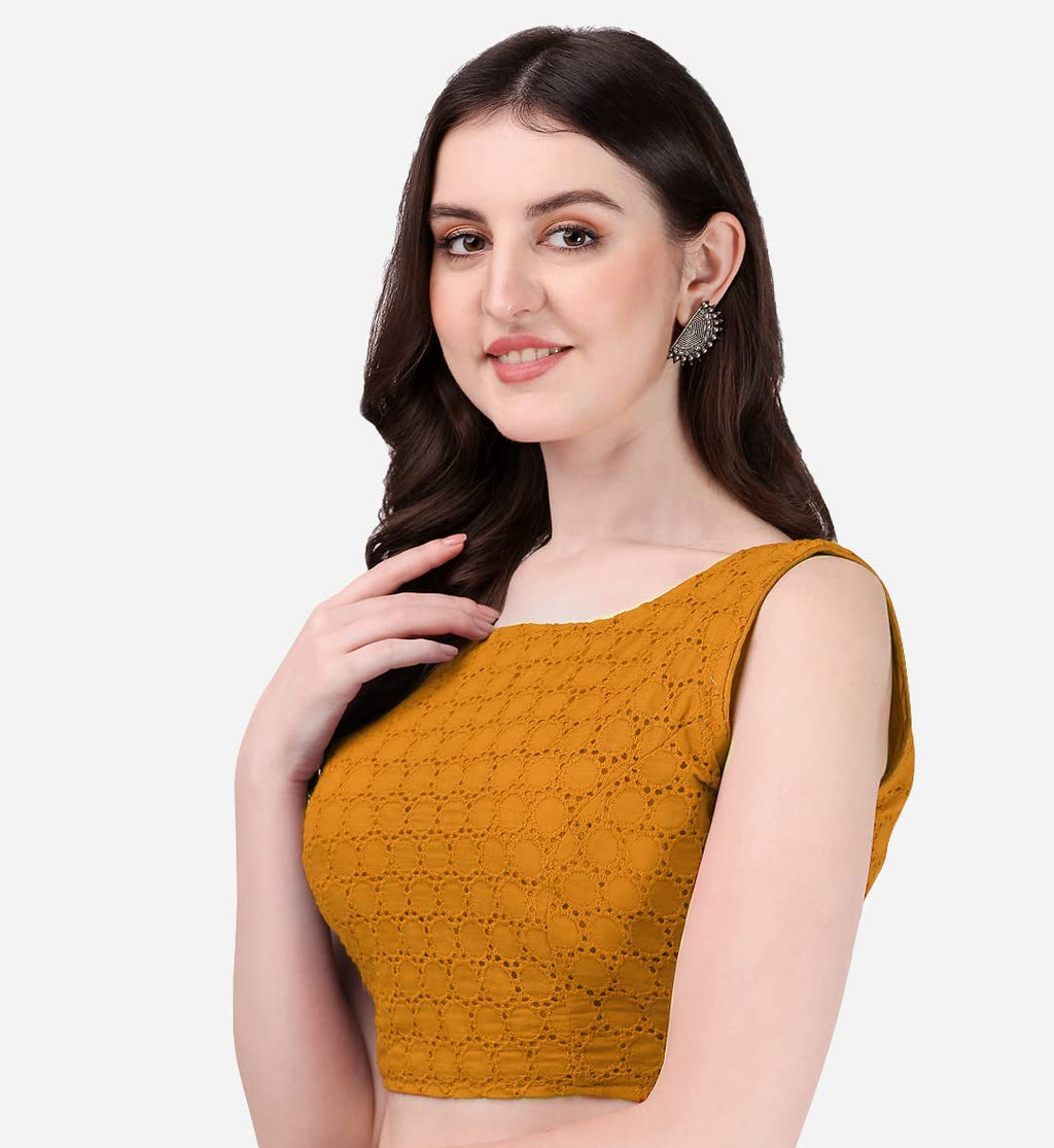 Pujia Mills Womens Womens Cotton Chikankari Embroidery Work Readymade Saree Sleeveless Blouse