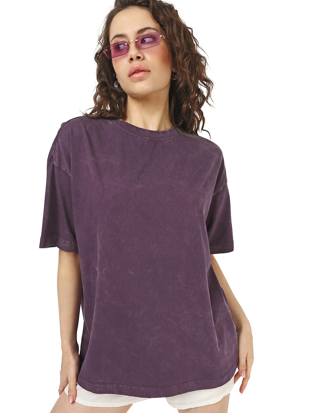 Bewakoof Womens Self Design Oversized Fit Half Sleeve Round Neck Pure Cotton T-Shirt_676088_Purple_XL