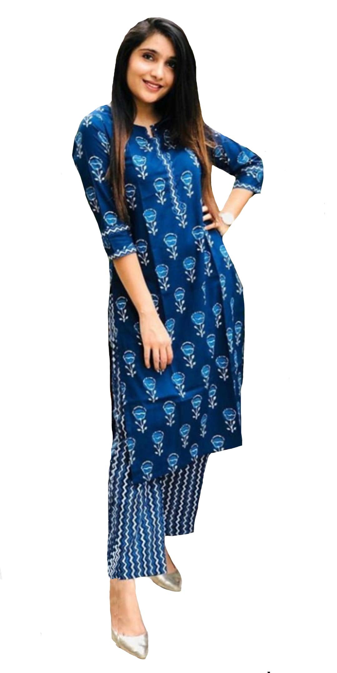 ANNI DESIGNER Womens Pure Cotton Flower Print Kurta Plazzo Set (Blue,S)