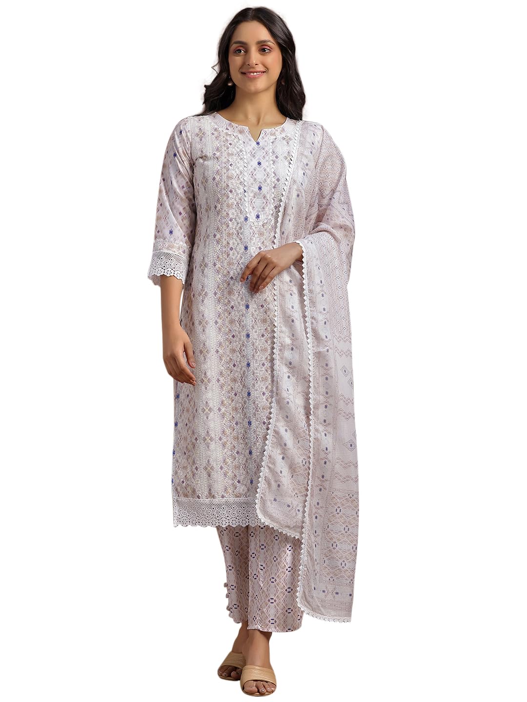 Libas Womens Embroidered Cotton Blend Straight Kurta With Palazzos And Dupatta