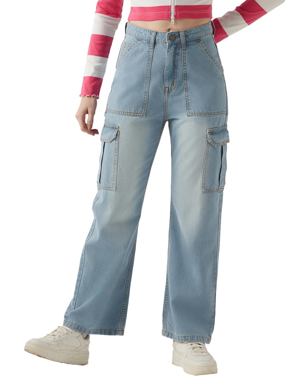 Bewakoof Women Washed Wide Leg 100% Cotton Cargo Jeans_646613_Blue_30