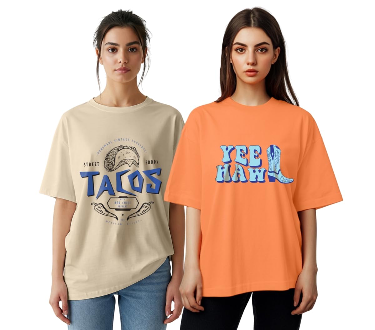 Juneberry Pack Of 2, 100% Pure Cotton, Round Neck, Oversized, Loose, Baggy Fit, Drop Shoulder, Graphic Printed, Half Sleeve T-Sh