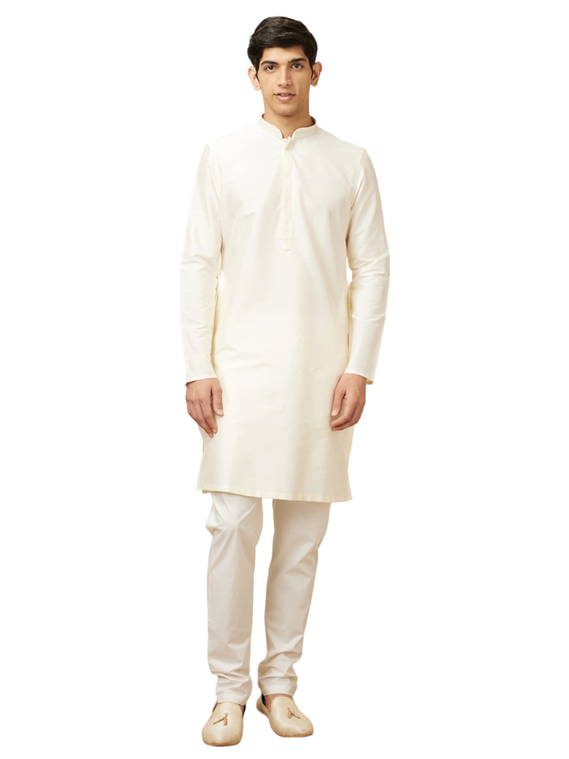 Manyavar MenS Blended Viscose Solid Casual, Traditional Full Sleeves Kurta Payjama Set (Cream, Xl)