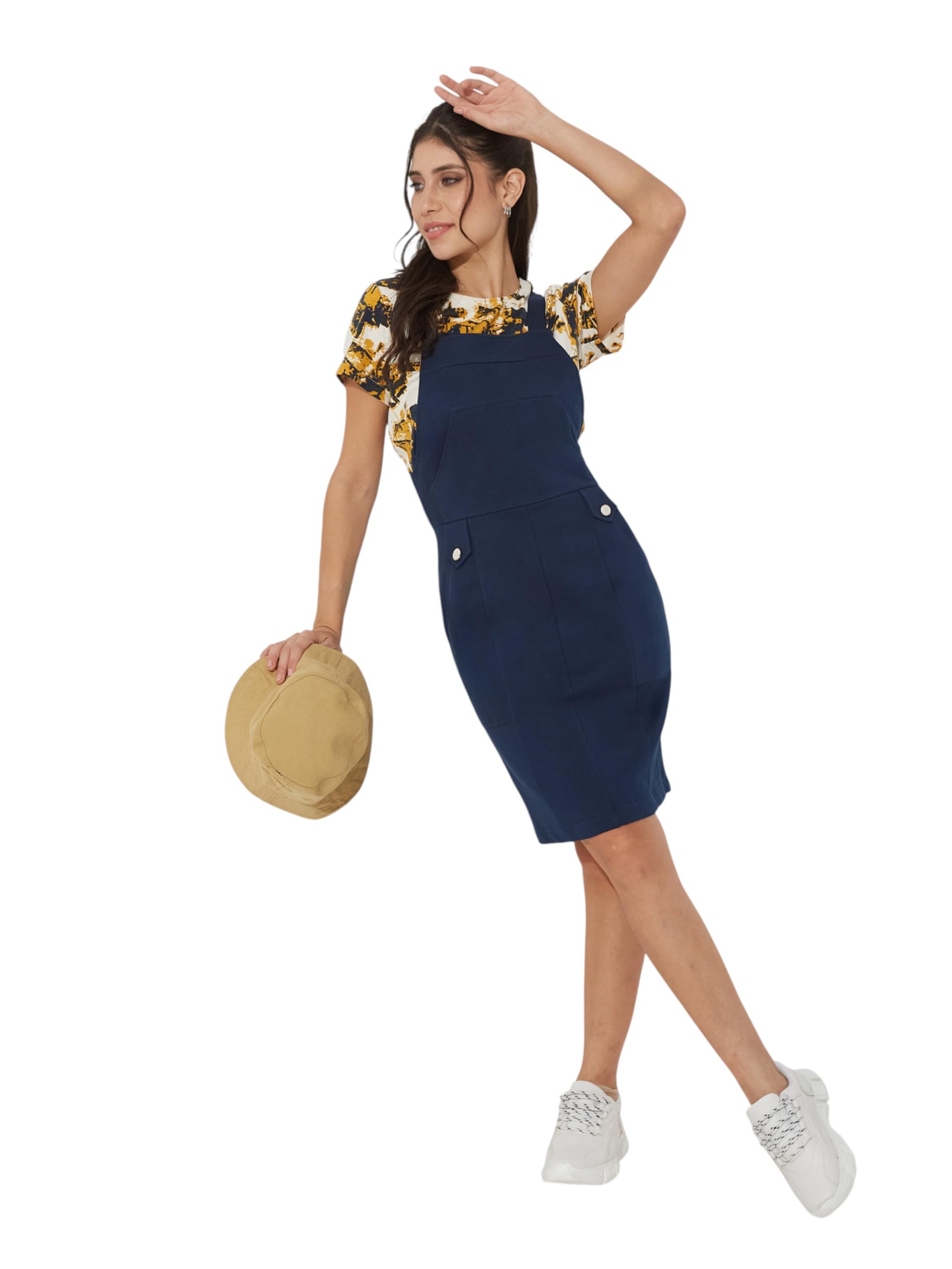 Miss Chase Abstract Pinafore Knee-Length Polyester Co-Ord Set With Utility Pockets (Mcaw25C01-17-178-06, Multicolored Base Navy,