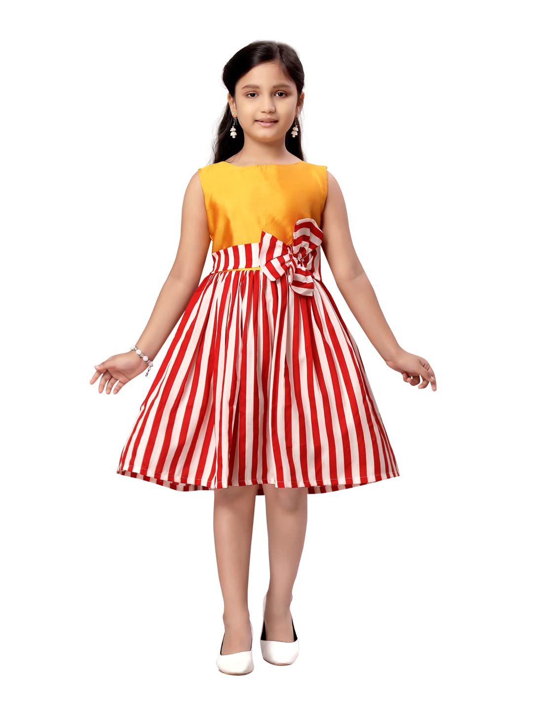 Aarika Girls Cotton Blend Skater Knee-Length Dress (FK-22152_Gold-Red_28)