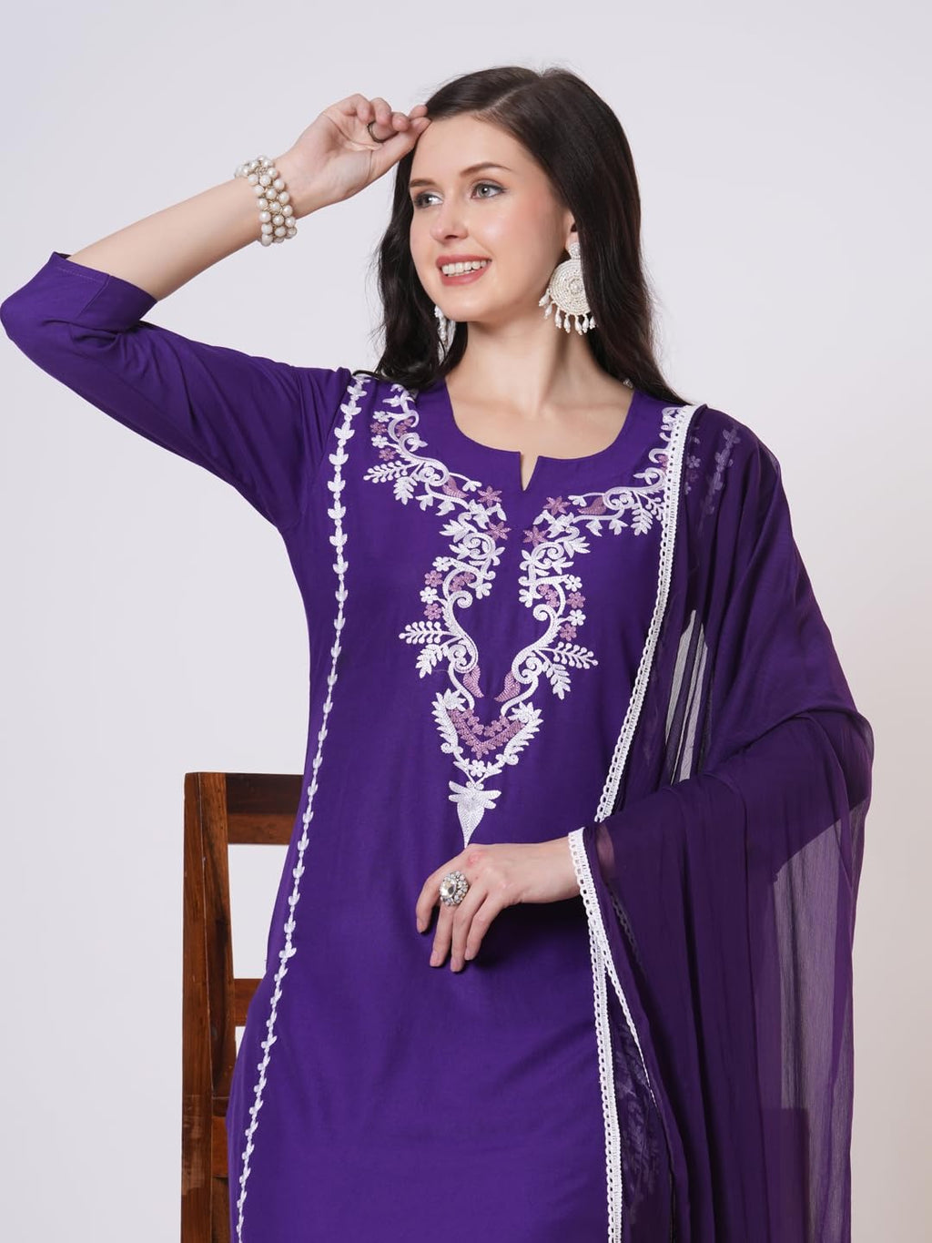 ANNI DESIGNER Women s viscose rayon embroidered straight Kurta with trousers and dupatta, Begani, XL