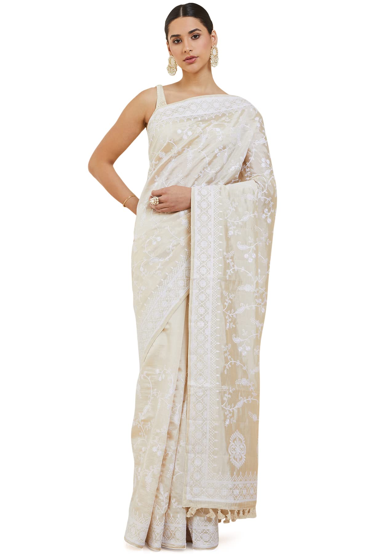 Soch Women Tussar Floral Saree with Attached Blouse