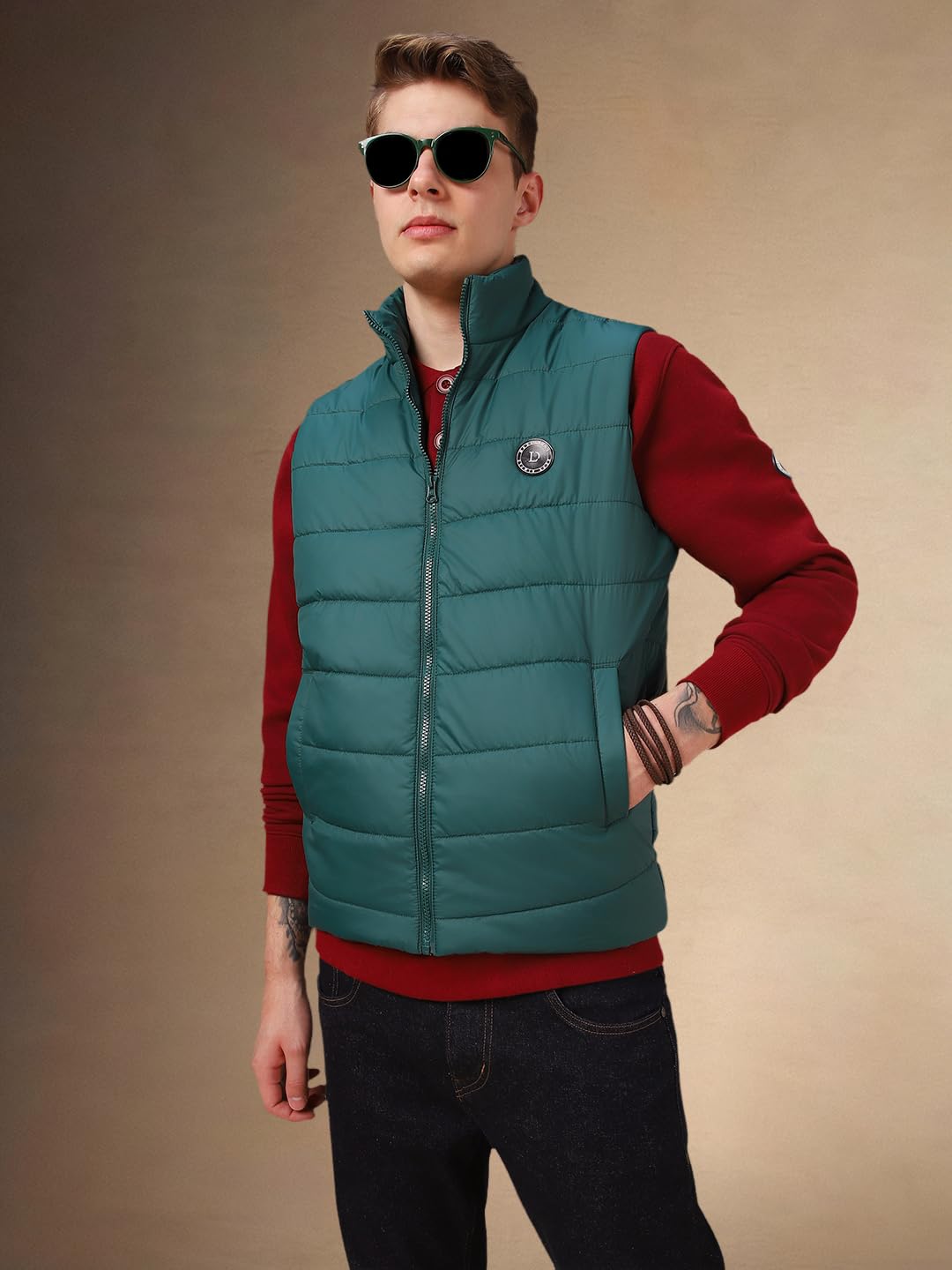 Dennis Lingo Men Green Solid Polyester Regular Fit Half Sleeve Jackets