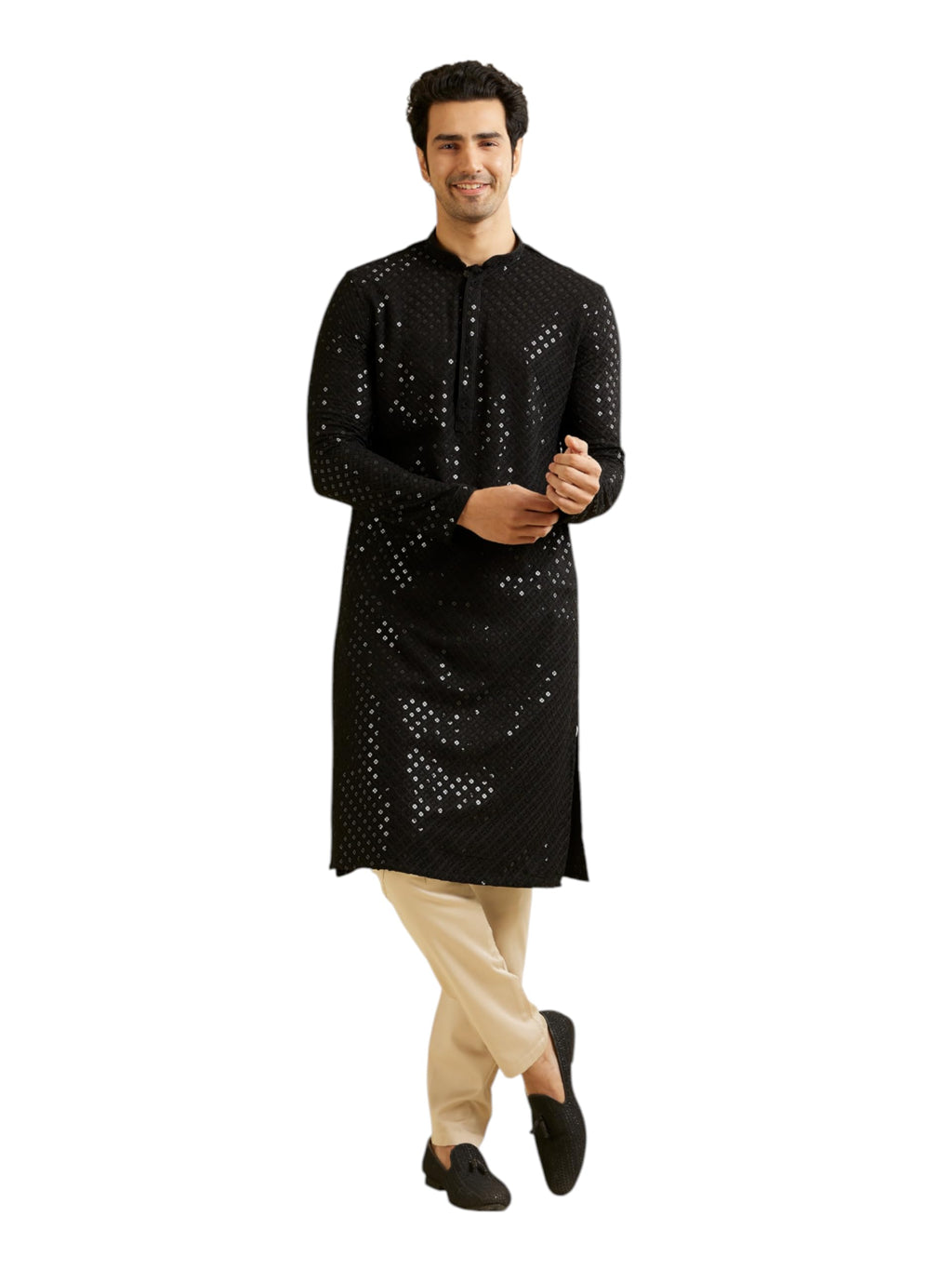 Manyavar Mens Viscose Sequins Shimmer Kurta Set (Black,XL)