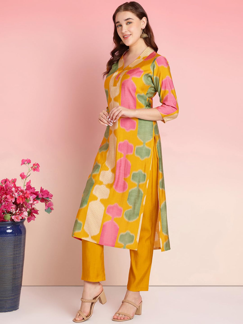 ANNI DESIGNER Womens Rayon Blend Straight Printed Kurta with Pant (SURDAS Yellow_S_Yellow_Small)