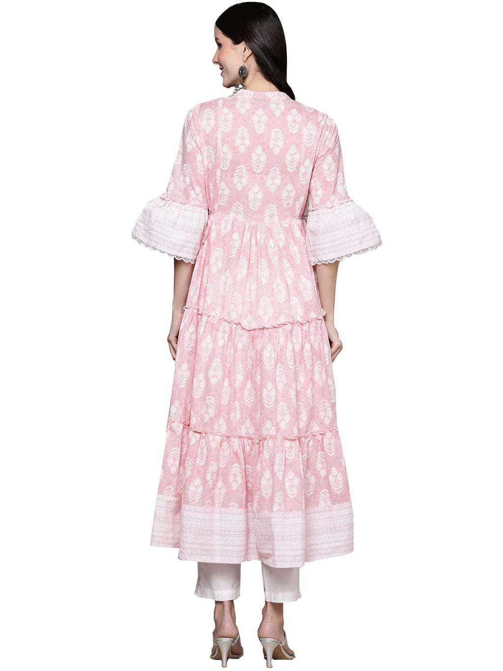 Ishin Women'S Pink Embelllished Anarkali Tiered Kurta