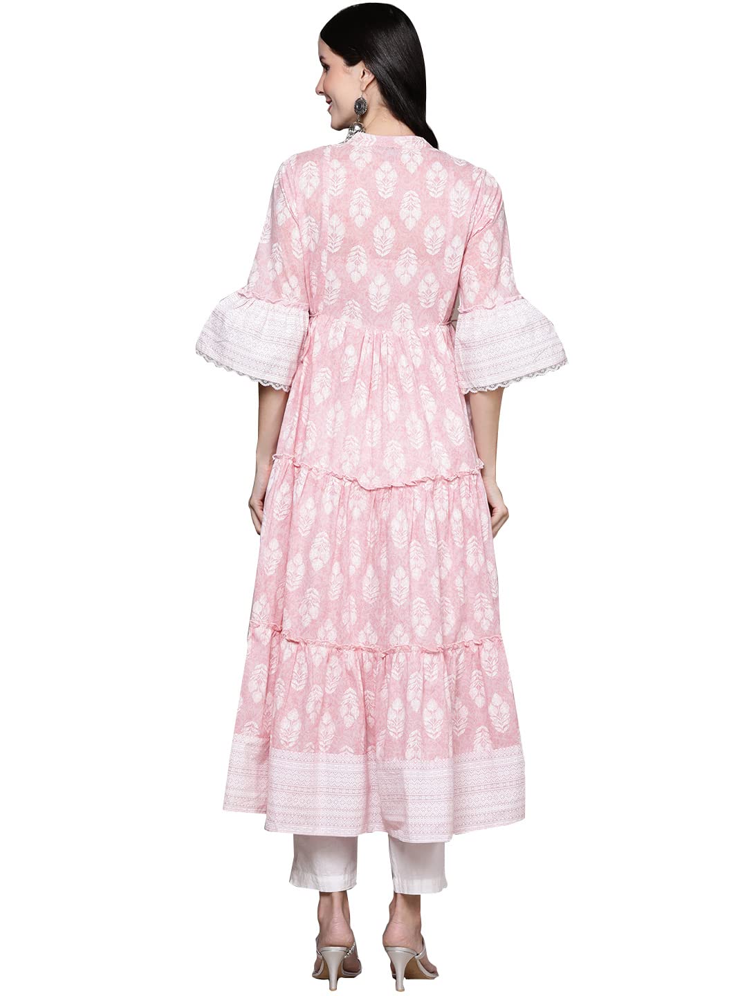 Ishin Women'S Pink Embelllished Anarkali Tiered Kurta