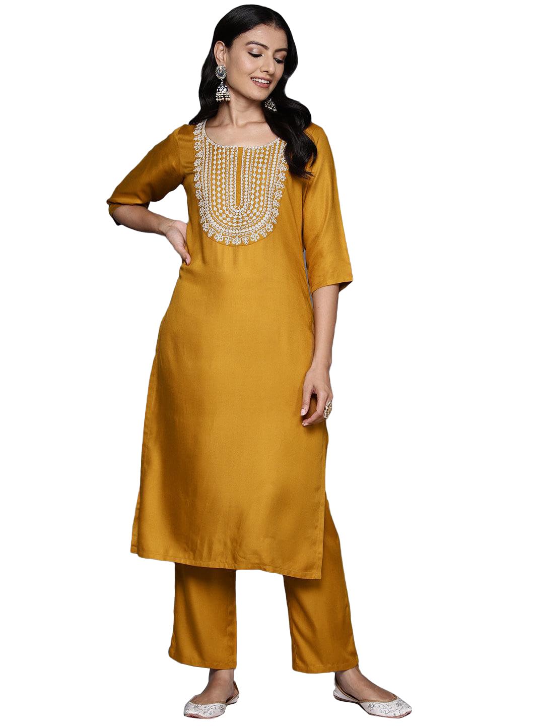 Libas WomenS Wool Blend Yoke Design Kurta Set (35185W_Mustard_Xs)