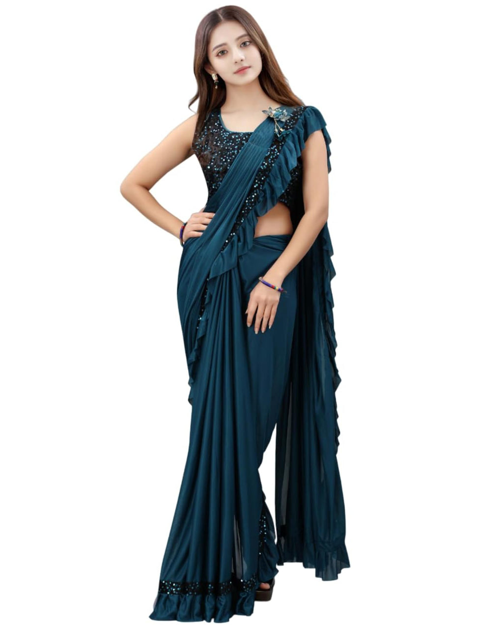 Dhyey Fashion Fashionable Baby Girls Lycra Blend Saree With Velvet Unstitched Blouse Piece | Readymade Saree For Girls | Sarees 