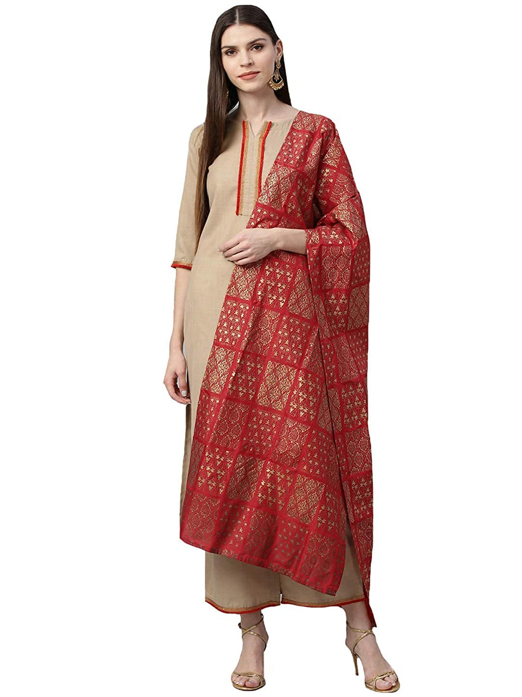 Gosriki Women'S Cotton Regular Kurta With Palazzo & Dupatta (Sonari Beige_M_Go