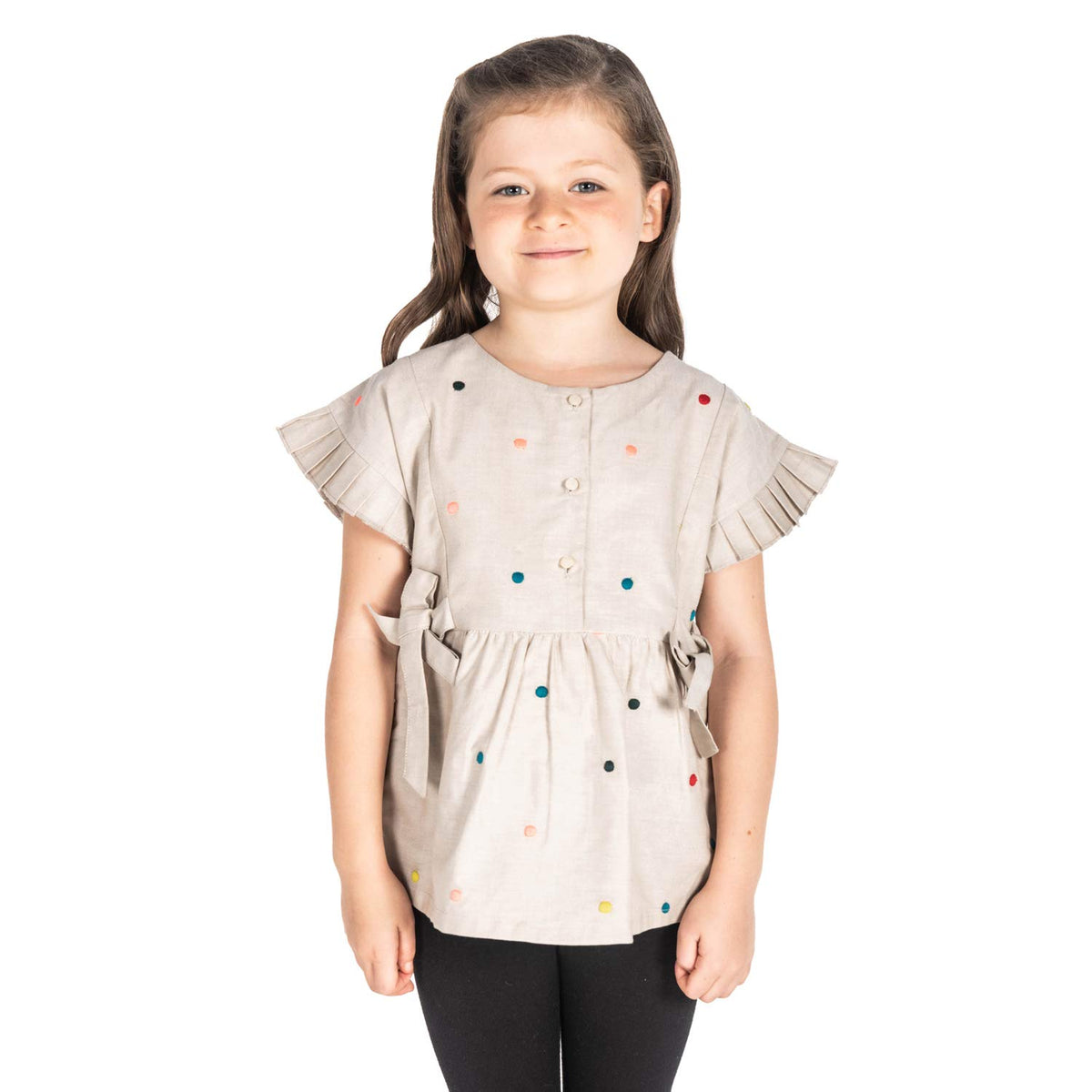 Cherry Crumble Beige Embroidery & Printed 100% Cotton Half Sleeves Round Neck Casual Wear Regular Fit Embroidered Summer Top for 18-24