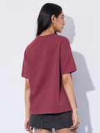 The Souled Store Oversized T-Shirt: Emergency Women and Girls Short Sleeves Round Neck Red Embellished Cotton Oversized T-Shirts