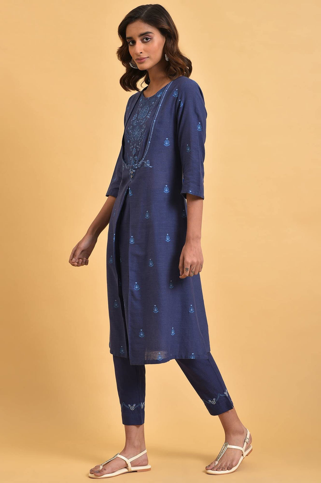 W Dark Blue Floral Printed Cotton Straight Long Kurta For Women