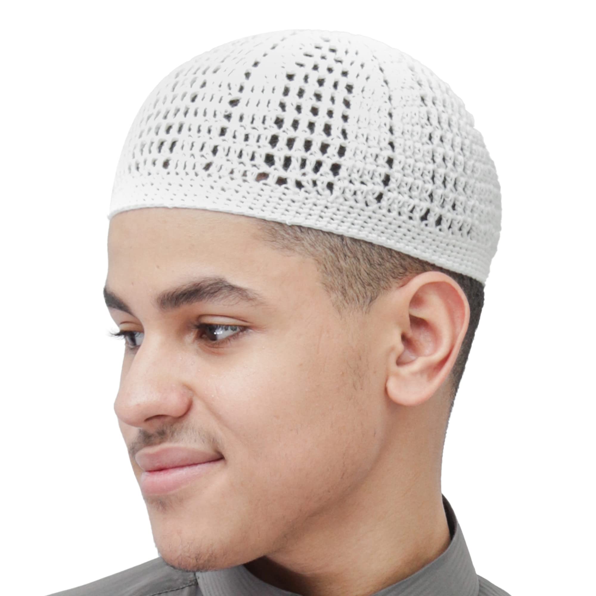 White Kufi Hat Tight & Loose Weave Mix Crocheted Comfortable Cotton Muslim Kufi Topi Skull Prayer Cap (S)