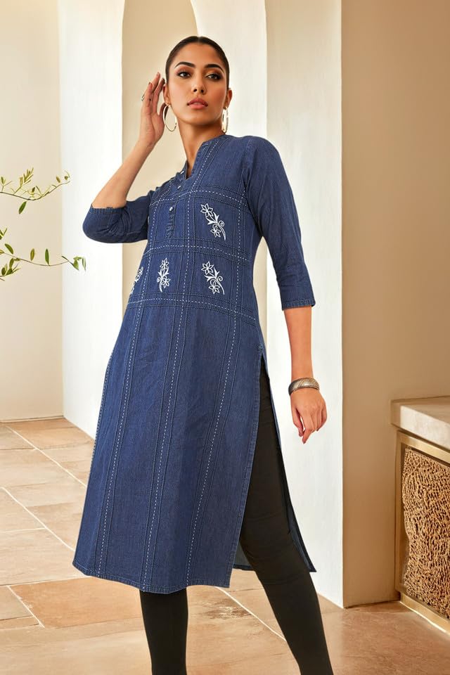 Soch Womens Indigo Cotton Placement Embroidered Kurta
