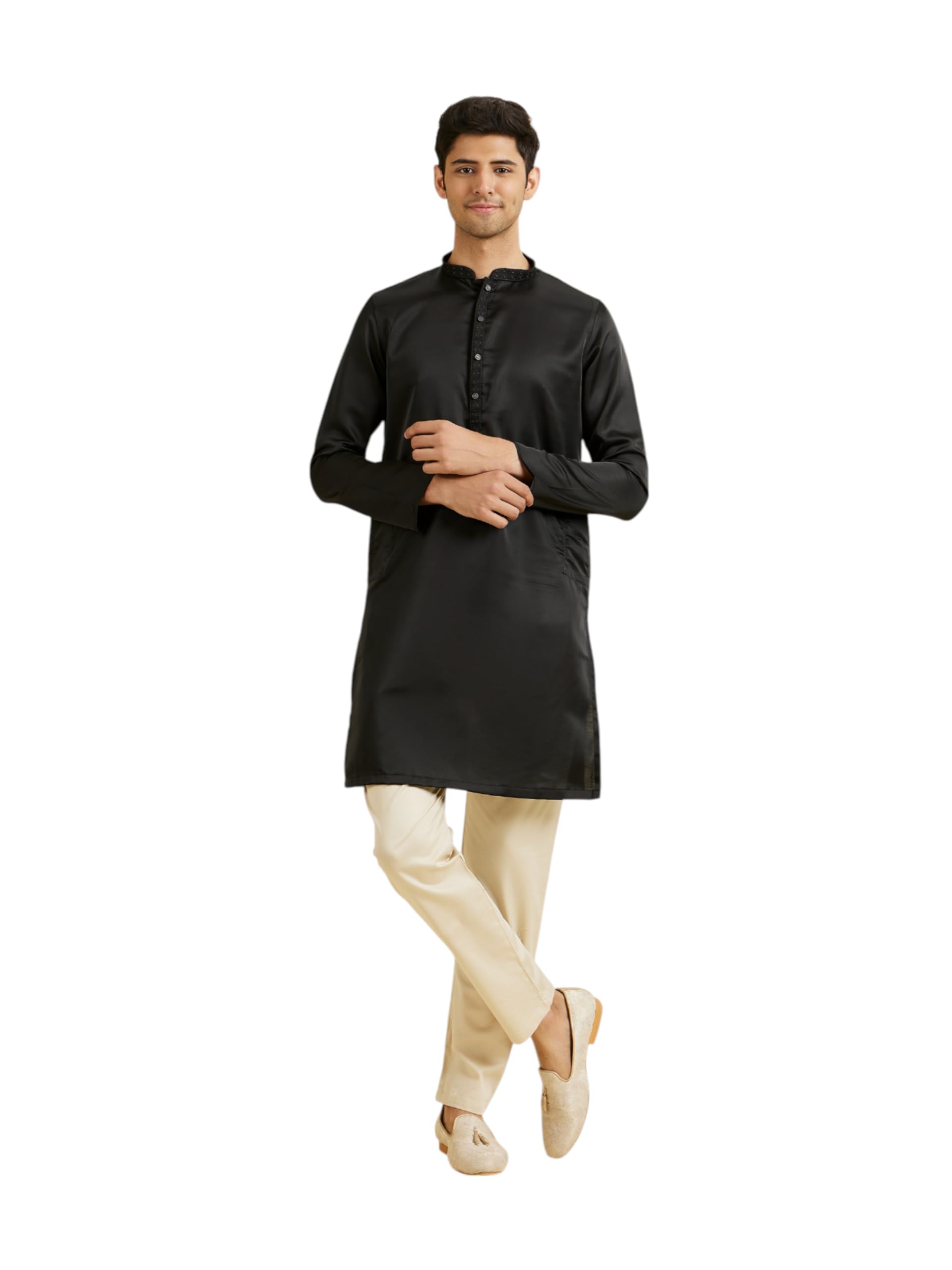 Manyavar Mens Satin Solid | Neck Embroidered Kurta Pyjama Set(Black,XL)