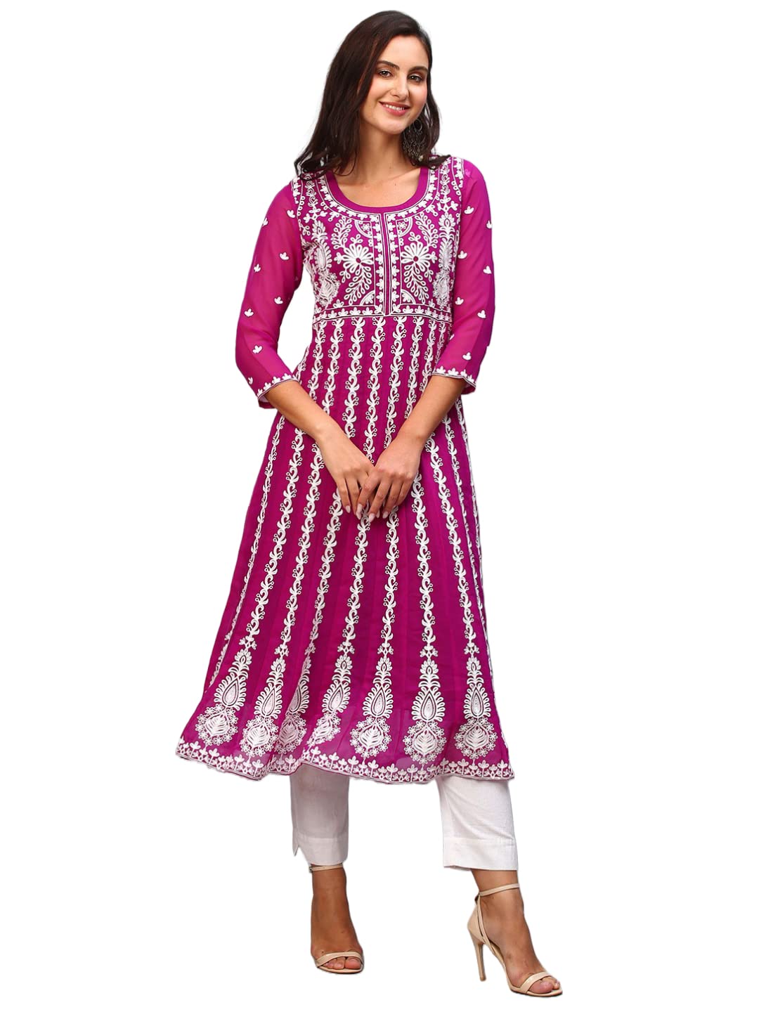 ANNI DESIGNER Womens Georgette Chikankari Embroidered Anarkali Kurti (Naav Pink-Nw1_XXL_Dark Pink_XX-Large)