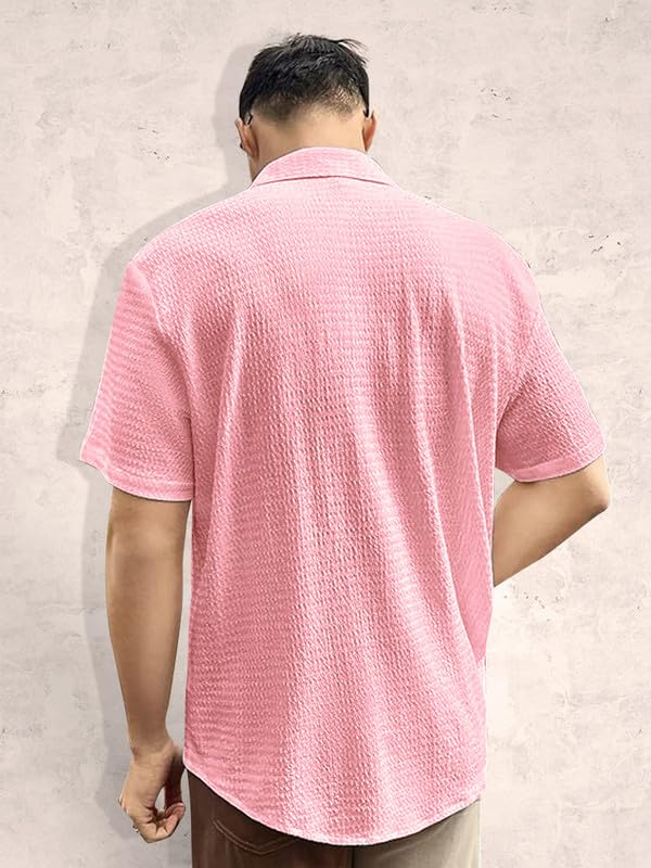 Tee Projekt Mens Popcorn Shirt Texture Pattern Mens Casual Shirt Half Sleeves Goa Beach Summer Shirt Pink