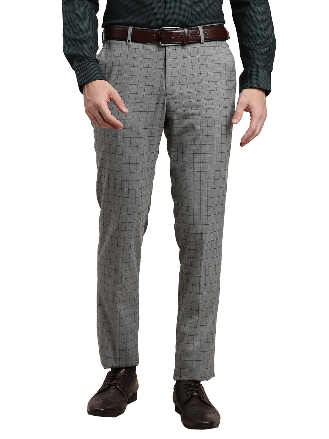 Turtle Men Grey Slim Fit Checkered Flat Front Polyviscose Stretch Flat Front Formal Trouser || Pant || Mens Trouser