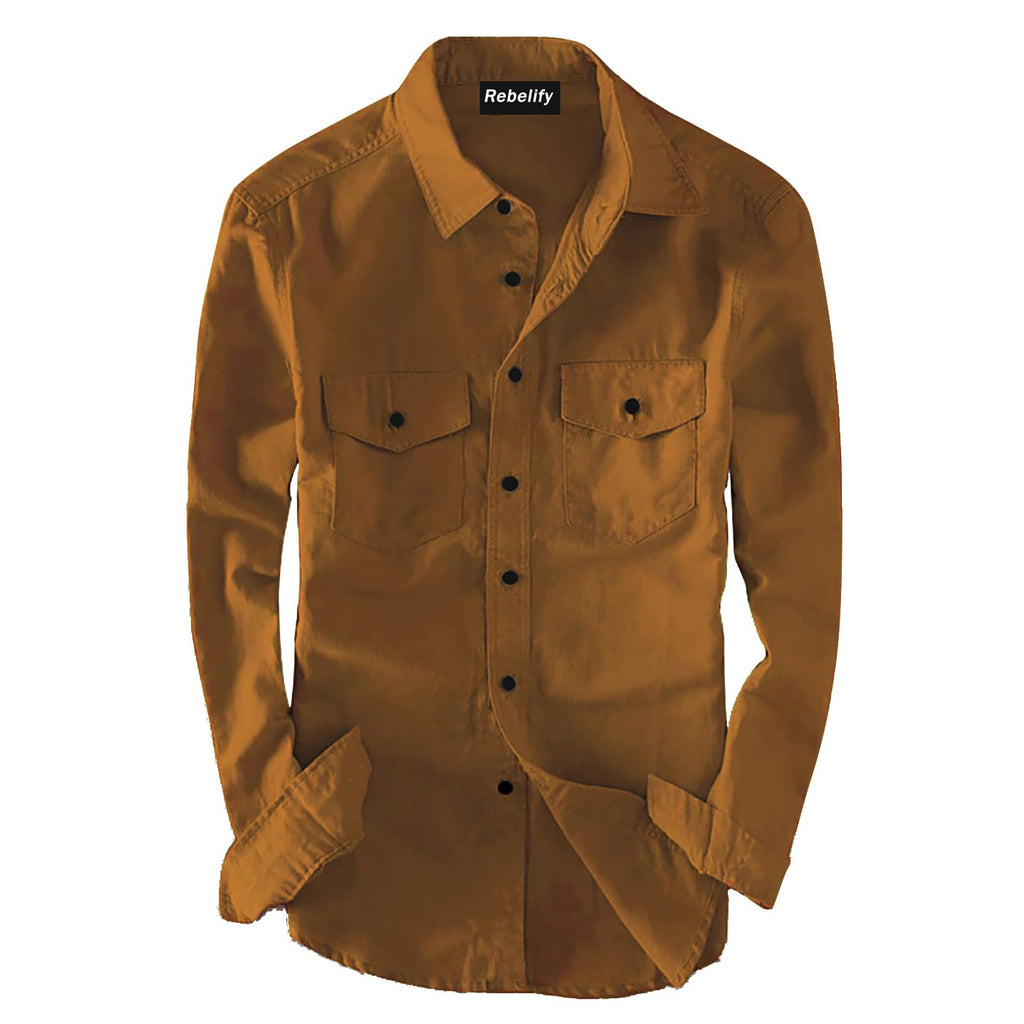 Rebelify MenS Cotton Blend Shirt With Pockets Full Sleeves Collared Neck Solid Pattern Botton Down Closure Regular Fit And Stan