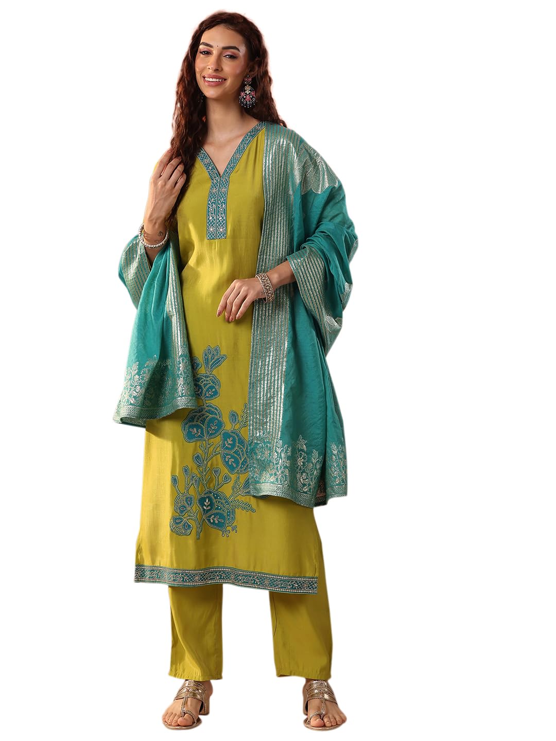 Libas Green Embellishments Silk Blend Straight-fit Kurta set for Women (51410XXL)