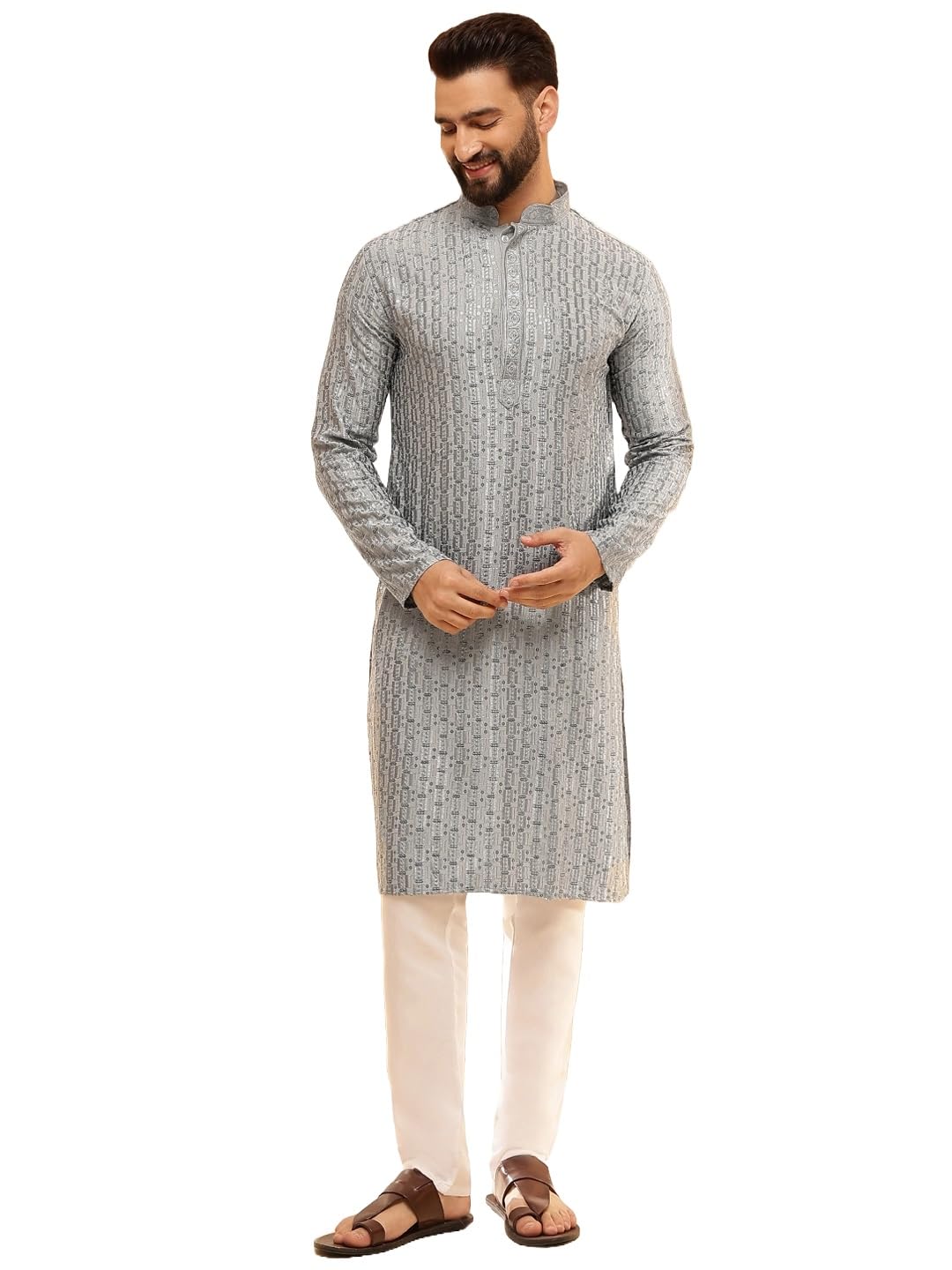 SOJANYA (Since 1958 Mens Cotton Rayon Shiny Thread Sequinned Blue Kurta with White Pyjama