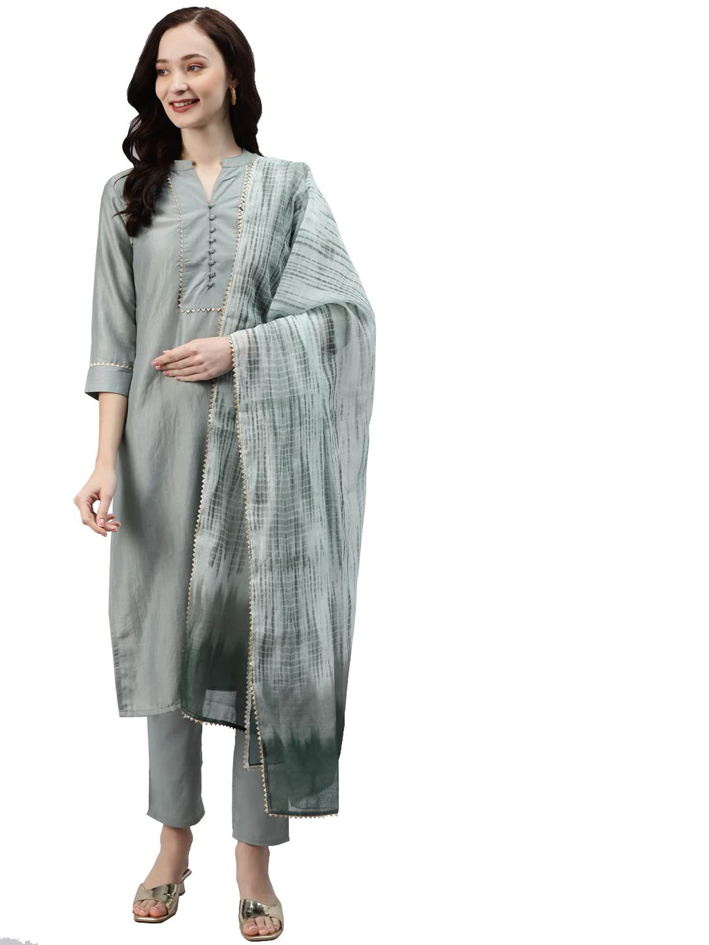 Ziyaa Women'S Green Chinon Straight Kurta, Pant And Dupatta Set(Ziskdch3543-3Xl)