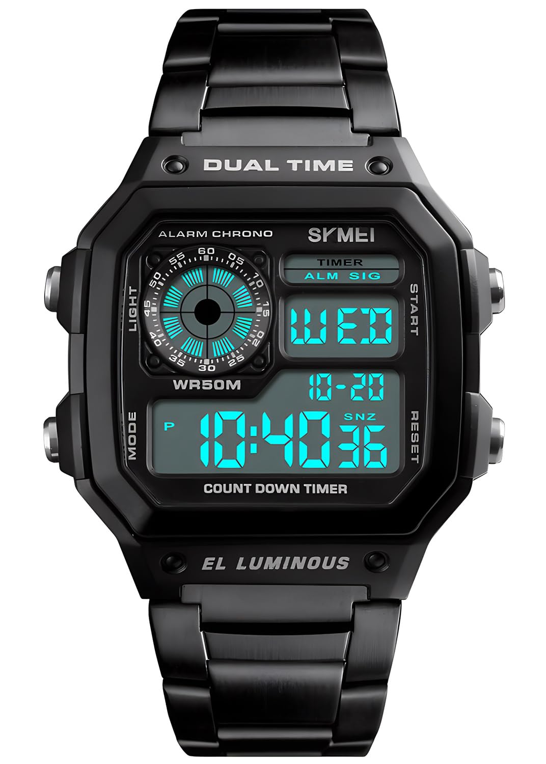 PASOY Men's Digital Multi-Function Watches 2 Time Alarm Stopwatch Countdown Backlight Waterproof Watch (Black)