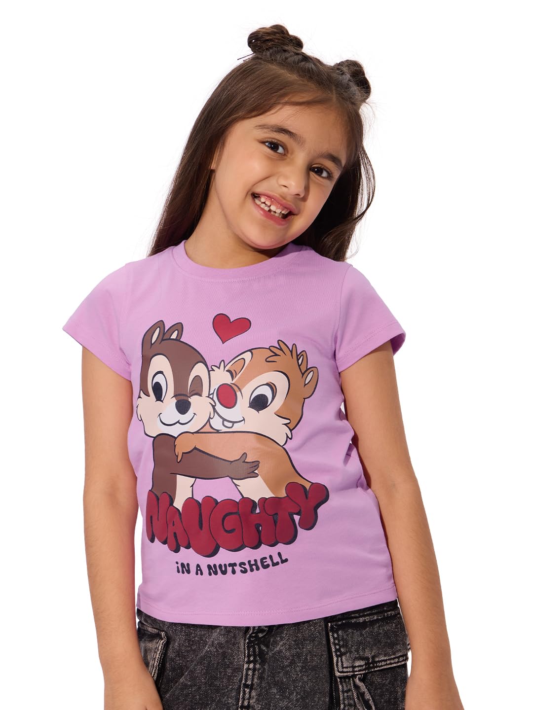 The Souled Store Official Disney Originals: Naughty in A Nutshell Girls Short Sleeves Round Neck White Graphic Printed Cotton T-